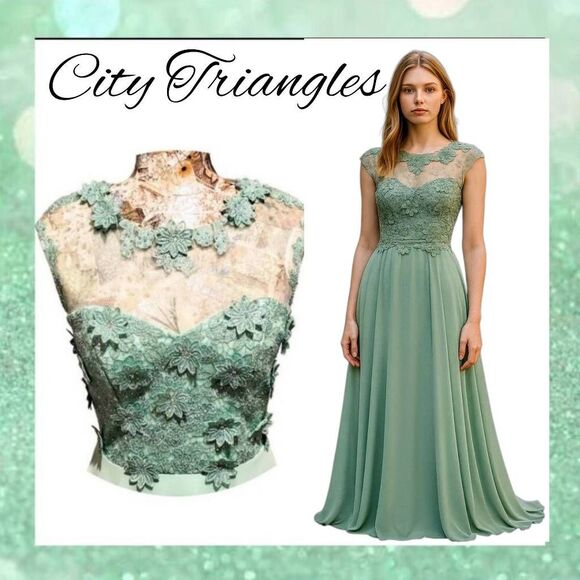 Formal Lt Green Rhinestones Floral Lace Sweetheart Bodice Long Gown Maxi Dress - Picture 1 of 15